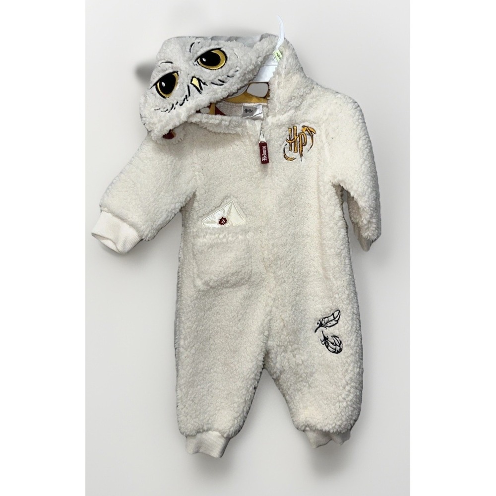 Harry Potter Hedwig White Fleece Hooded Zip Romper 3-6M Long Sleeve